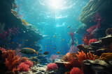 Fototapeta Do akwarium - Explore the depths of a surreal underwater world, where vibrant marine life and dreamlike visuals come together in harmony. Generative Ai.