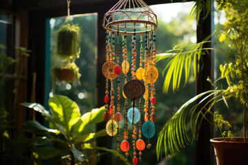 Canvas Print - A homemade wind chime project, using recycled materials for a melodious creation. Concept of eco-friendly crafts and sound art. Generative Ai.