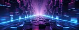 Fototapeta Przestrzenne - Wallpaper, abstract background neon tunnel with colorful lights, 3d illustration, in the style of geometric, violet and emerald
