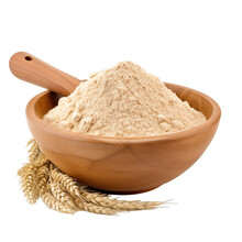 Pile Of Finely Dry Organic Fresh Raw Oat Straw Herb Powder In Wooden Bowl Png Isolated On White Background. Bright Colored Of Herbal, Spice Or Seasoning Recipes Clipping Path. Selective Focus