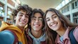 © ANEK - happy multiracial teenager classmate students selfie with smartphone together.
