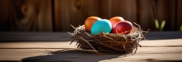 Wall Mural - Banner. Easter colored eggs in a nest on a wooden background. Easter holiday concept with copy space. Country style