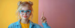 Generative AI image of a happy group of people in their 50s in a random scene a playful Smily beautiful weird girl wears glasses, blond hair, wearing blue yellow theme, pointing her fingers up