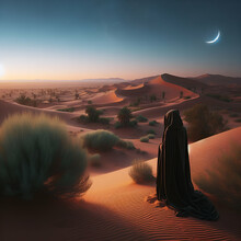 Vast Expanse Arid Desert Sand Dunes Tranquility Landscape With A Person With A Hood & Long Robe With Their Back To The Camera In The Sunset Evening With A Shrub  With Crescent Moon. Ripples From Wind