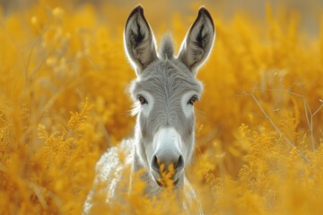 Wall Mural - Amidst a vibrant sea of sun-kissed petals, a serene donkey stands tall in the peaceful meadow, embodying the gentle grace of the natural world