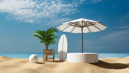 Wall Mural - Abstract minimal scene with white round podium placed on beach sand texture, decorated with a chair under an umbrella, surfboard, ball and plant. 