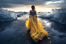 Beautiful Woman In A Lush Dress On The Shore Of Iceland