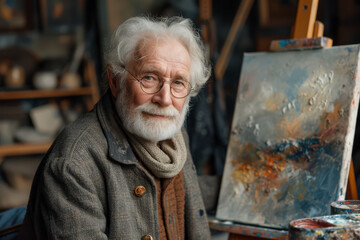 A retiree pursuing a forgotten passion for painting, exploring creativity in later life. Concept of rediscovering passions and lifelong learning. Generative Ai.