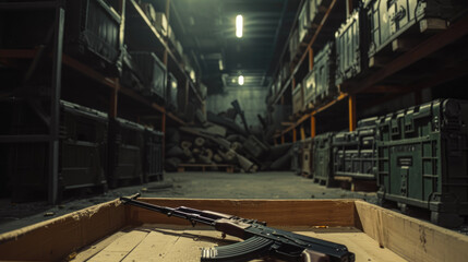 Warehouse with weapon and army equipment, assault rifle is in wooden box in dark storage. Illegal smuggle arsenal of guns. Concept of war, military, background, violence, package