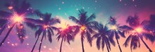 Palms Silhouettes At Neon Sunset Sky. Night Landscape With Palm Trees On Beach. Creative Trendy Summer Tropical Background. Vacation Travel Concept. Retro, Synthwave, Retrowave Style. Rave Party