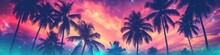 Palms Silhouettes At Neon Sunset Sky. Night Landscape With Palm Trees On Beach. Creative Trendy Summer Tropical Background. Vacation Travel Concept. Retro, Synthwave, Retrowave Style. Rave Party