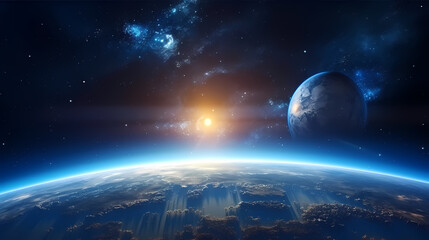  Blue space background with earth planet satellite view