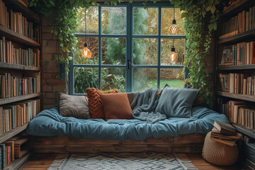 Poster - A photo of a cozy reading nook, edited with a matte finish for a soft, inviting atmosphere. Concept of leisure and relaxation in vintage style. Generative Ai.