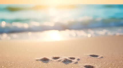 Canvas Print - Sandy beach with light blue transparent water waves and sunlight, tranquil aerial beach scene