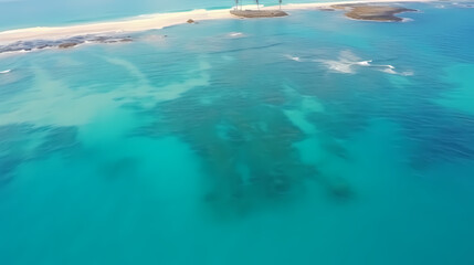 Canvas Print - Sandy beach with light blue transparent water waves and sunlight, tranquil aerial beach scene