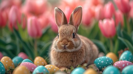 Wall Mural - Small ,baby rabbit in easter basket with fluffy fur and easter eggs in the fresh