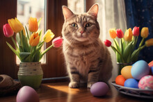 Cat Sits On The Table, Next To The Flowers Of The Daffodils And A Basket With Painted Eggs. Easter Concept.