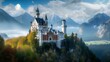 Beautiful view of world-famous Neuschwanstein Castle, the nineteenth-century Romanesque Revival palace built for King Ludwig II on a rugged cliff, with scenic mountain landscape, Bavar : Generative AI
