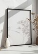 © Generative AI - minimalist aesthetic frame mockup poster template on the table leaning on the white wall from side angle. wall in modern interior background. 50x70, 20x28, 20RP frame mockup poster : Generative AI