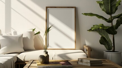 Aufkleber - aesthetic frame mockup poster leaning on the wooden coffee table lit by sunlight in the warm living room. 50x70, 20x28, 20RP frame mockup poster : Generative AI