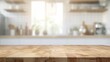 © Generative AI - Empty beautiful wood table top counter and blur bokeh modern kitchen interior background in clean and bright,Banner, Ready for product montage : Generative AI