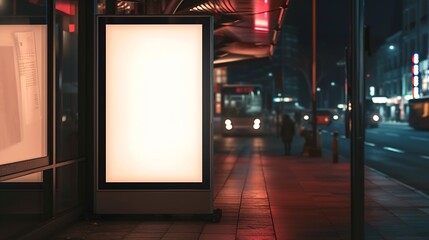 Aufkleber - Blank white mock up of vertical light box in a bus stop at night : Generative AI