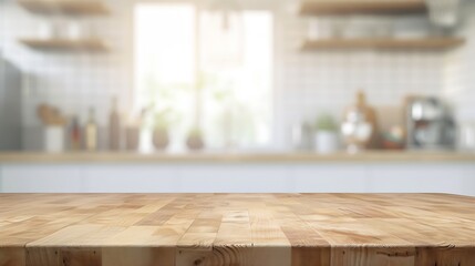 Fototapete - Empty beautiful wood table top counter and blur bokeh modern kitchen interior background in clean and bright,Banner, Ready for product montage : Generative AI