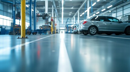 Sticker - new car repair center. empty car repair center. interior of empty car dealership. : generative ai