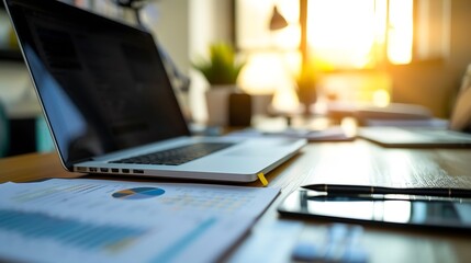 Leinwandbilder - Manager working desk with laptop computer, document, paperwork and office suppliers. : Generative AI