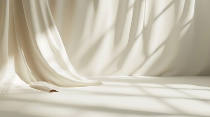 Poster - Minimalistic abstract gentle light beige background for product presentation with light and shadow of window curtains on wall. : Generative AI