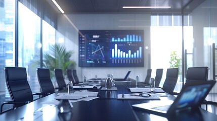 Fototapete - Modern Empty Meeting Room with Big Conference Table with Various Documents and Laptops on it, on the Wall Big TV with Big Data Analysis, Charts and Infographics. Contemporary Designed  : Generative AI