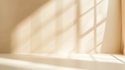 Poster - Minimalistic abstract gentle light beige background for product presentation with light and shadow of window curtains on wall. : Generative AI