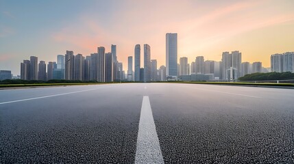 Panoramic skyline and modern commercial buildings with empty road. Asphalt road and cityscape at sunrise : Generative AI