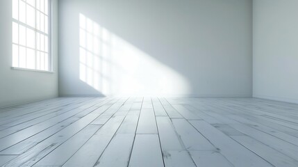 Empty room with whitewashed floating laminate flooring and newly painted white wall in background : Generative AI