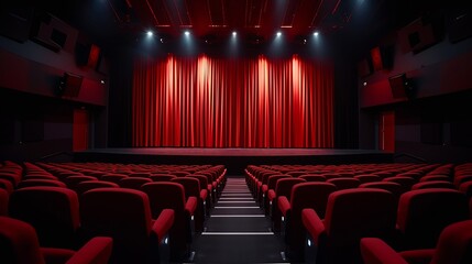 Aufkleber - Darkened empty movie theatre and stage with the red curtains drawn viewed over rows of vacant seats from the rear : Generative AI