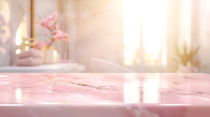 Aufkleber - Products Display Concept. Empty pink marble top table for product display with blurred bathroom interior Background. : Generative AI