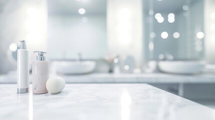 Aufkleber - abstract blur interior luxury modern bathroom background with white marble counter tabletop for show,promote,ads product design on display : Generative AI