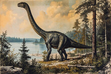 Long Necked Sauropod Dinosaur Standing On An Elevated Piece Of Land Covered With Grass And Small Plants, Antique Old Colored Style Art. The Image Has An Aged Damaged Appearance. Generative AI Image.