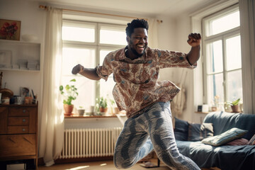 Wall Mural - African body positive man dancing at home