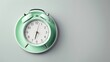 Weight loss and dieting concept with alarm clock on the plate on isolated light pastel grey background, top view angle