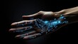 the concept of technology touching a human hand with dark background, in the style of futuristic spacecraft design, light blue
