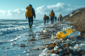 Wall Mural - A community engaged in a beach clean-up, representing collective efforts in combating pollution. Concept of community involvement in environmental action. Generative Ai.