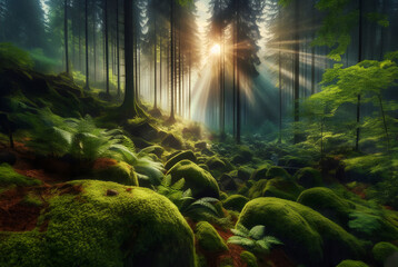 Wall Mural - Tropical misty forest with sunlight wallpaper