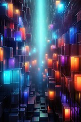 Poster - Wallpaper, abstract background, an image of colorful squares and lights, in the style of futuristic organic, greeble, grid