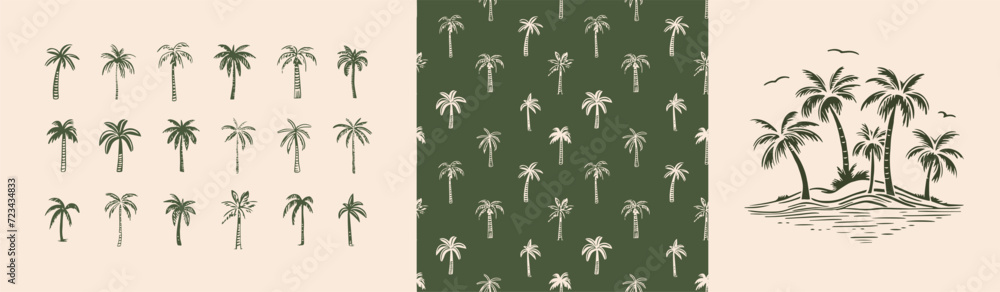 Hand drawn palm tree doodle seamless pattern set. Colorful hawaiian ...