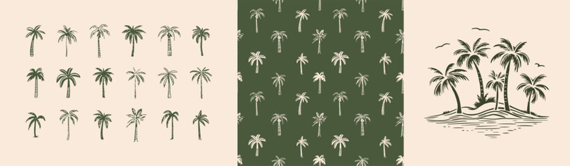 Leinwandbilder - Hand drawn palm tree doodle seamless pattern set. Colorful hawaiian print, summer vacation background collection in vintage art style. Tropical plant painting illustration bundle.