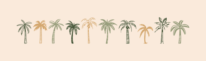 Hand drawn palm tree doodle element set. Colorful hawaiian clipart, isolated summer vacation collection in vintage art style. Tropical plant painting illustration bundle.