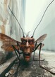Frightening illustration of a giant insect, beast with human head, awful horror character with mosquito legs and wings, antennae, red bloodshot eyes, evil and terrifying look, open mouth weird critter