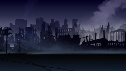 Wall Mural - City Smoking Ruins Vector Background 4K Loop features the silhouetted ruins of a city with smoke rising in a loop.