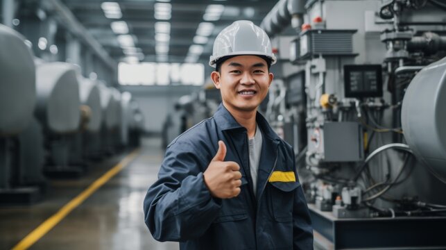 Smiling safety worker, hard hat, industrial facility